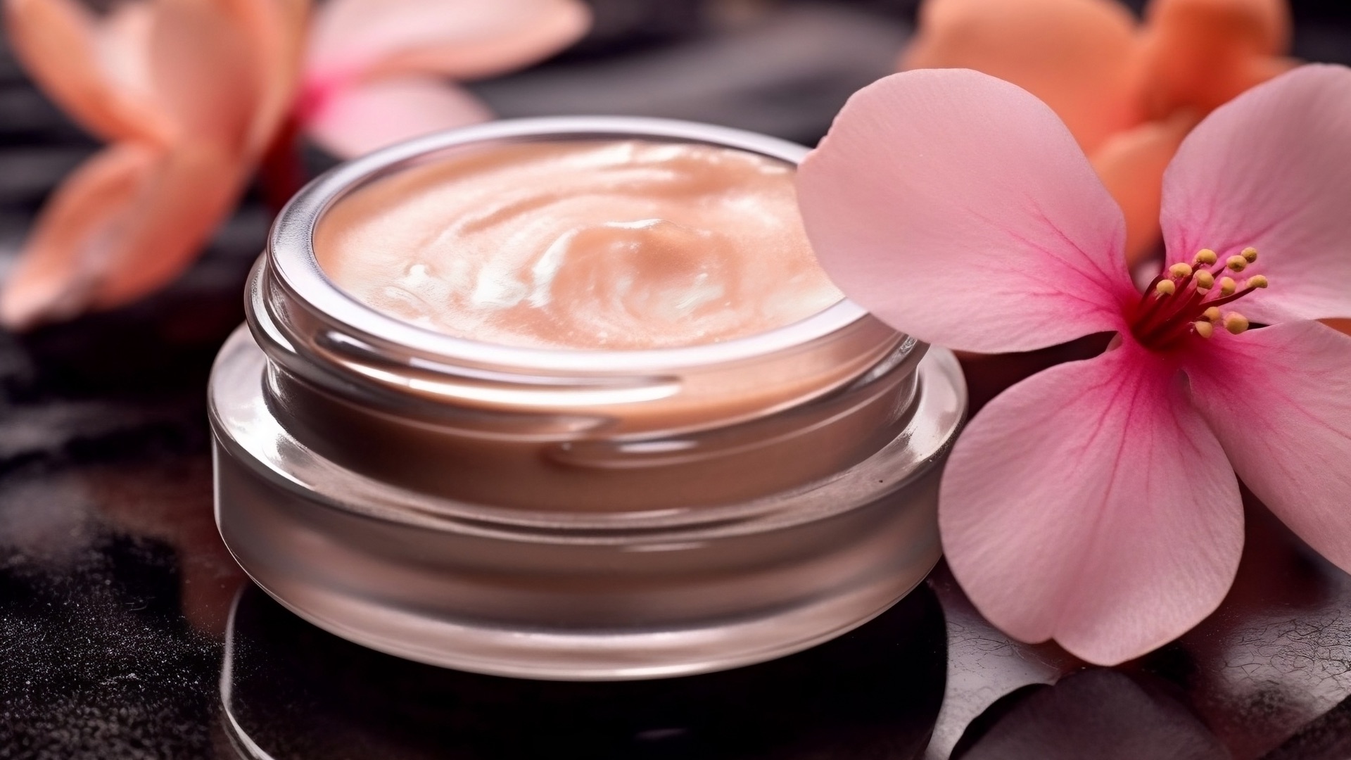 Offener Cremetiegel mit cremiger Naturkosmetik und rosa Hibiskusblüten