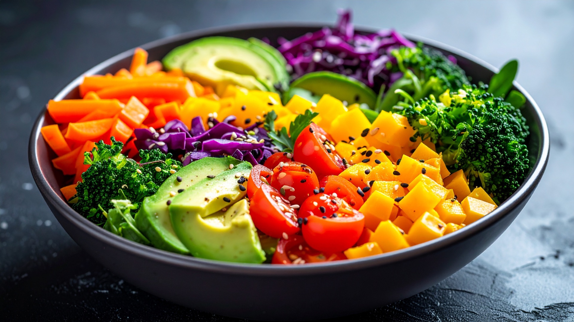 Bunte Bowl mit frischem Gemüse, Avocado und Tomaten
