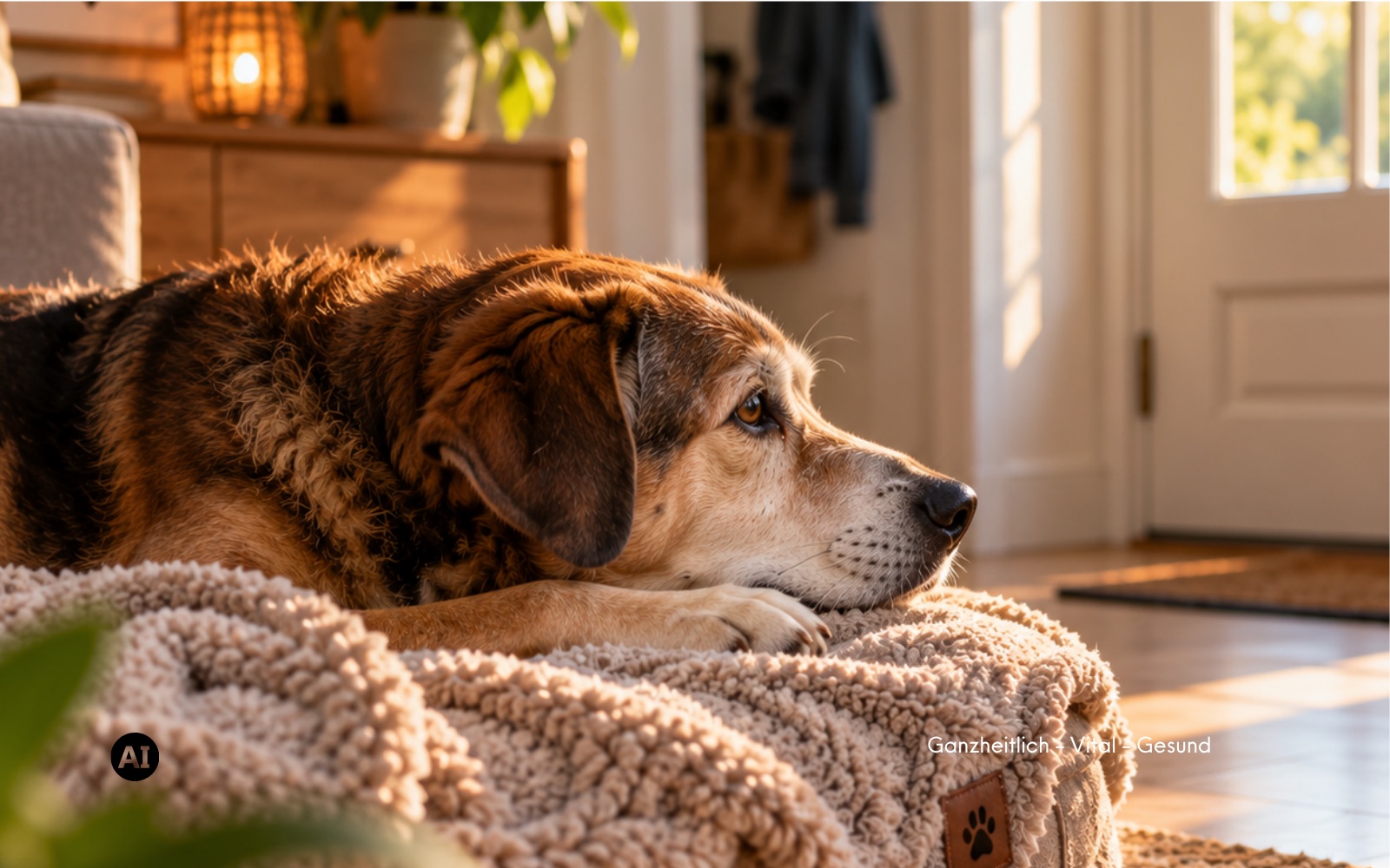 Ein Hund liegt ruhig auf seiner Decke im Flur und blickt entspannt zur geschlossenen Wohnungstür, das Tageslicht fällt weich durch ein Fenster