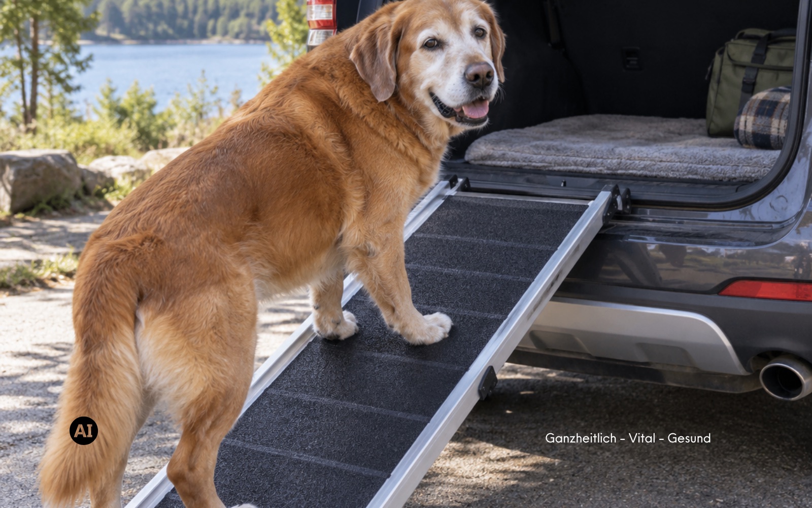 Ein mittelgroßer Hund geht ruhig über eine flache Rampe in den geöffneten Kofferraum eines Autos, seine Halterin steht daneben und hält ein Leckerli bereit