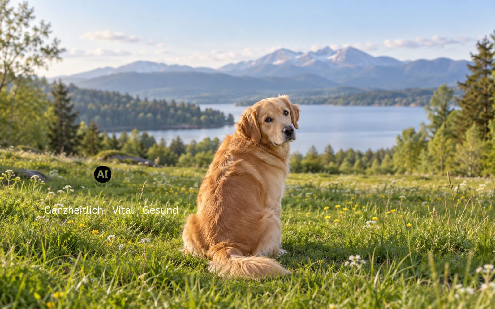 Hund sitzt auf einer Wiese und schaut über die Schulter