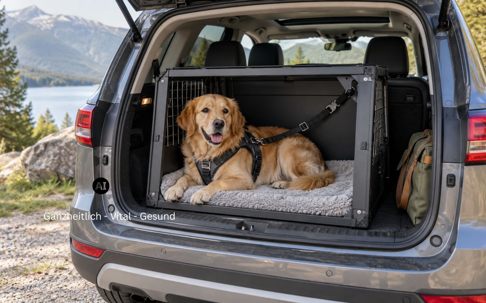 Hund liegt angeschnallt in der Kofferraumbox, Blick nach vorn