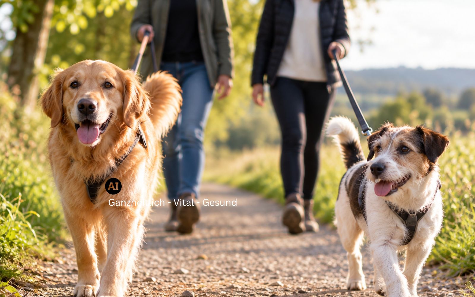 Zwei Hunde an lockerer Leine gehen mit sicherem Abstand aneinander vorbei, ihre Halterinnen im Hintergrund