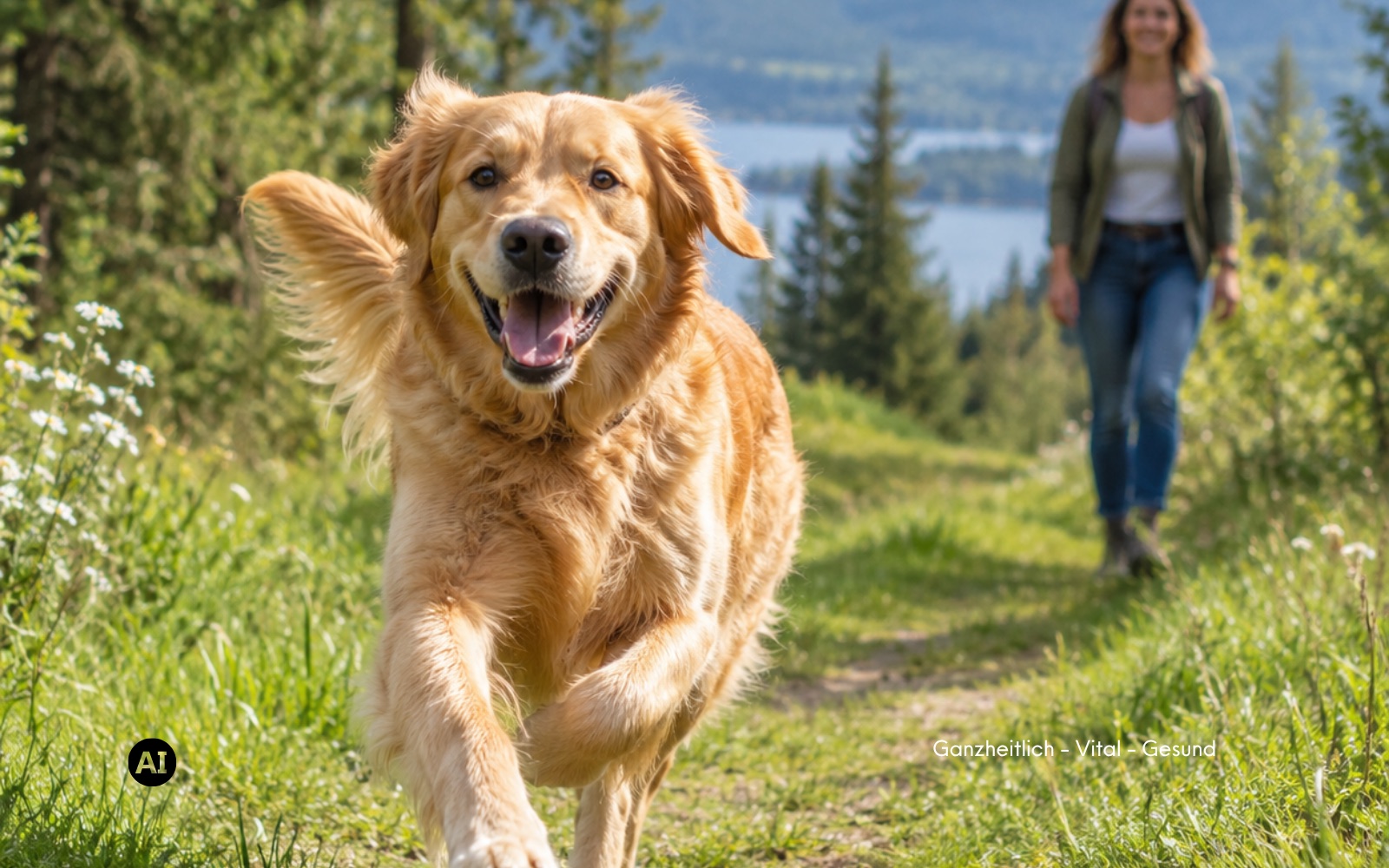 Hund schnüffelt mit gesenkter Nase auf einem Waldweg im Morgenlicht, seine Halterin geht entspannt hinter ihm