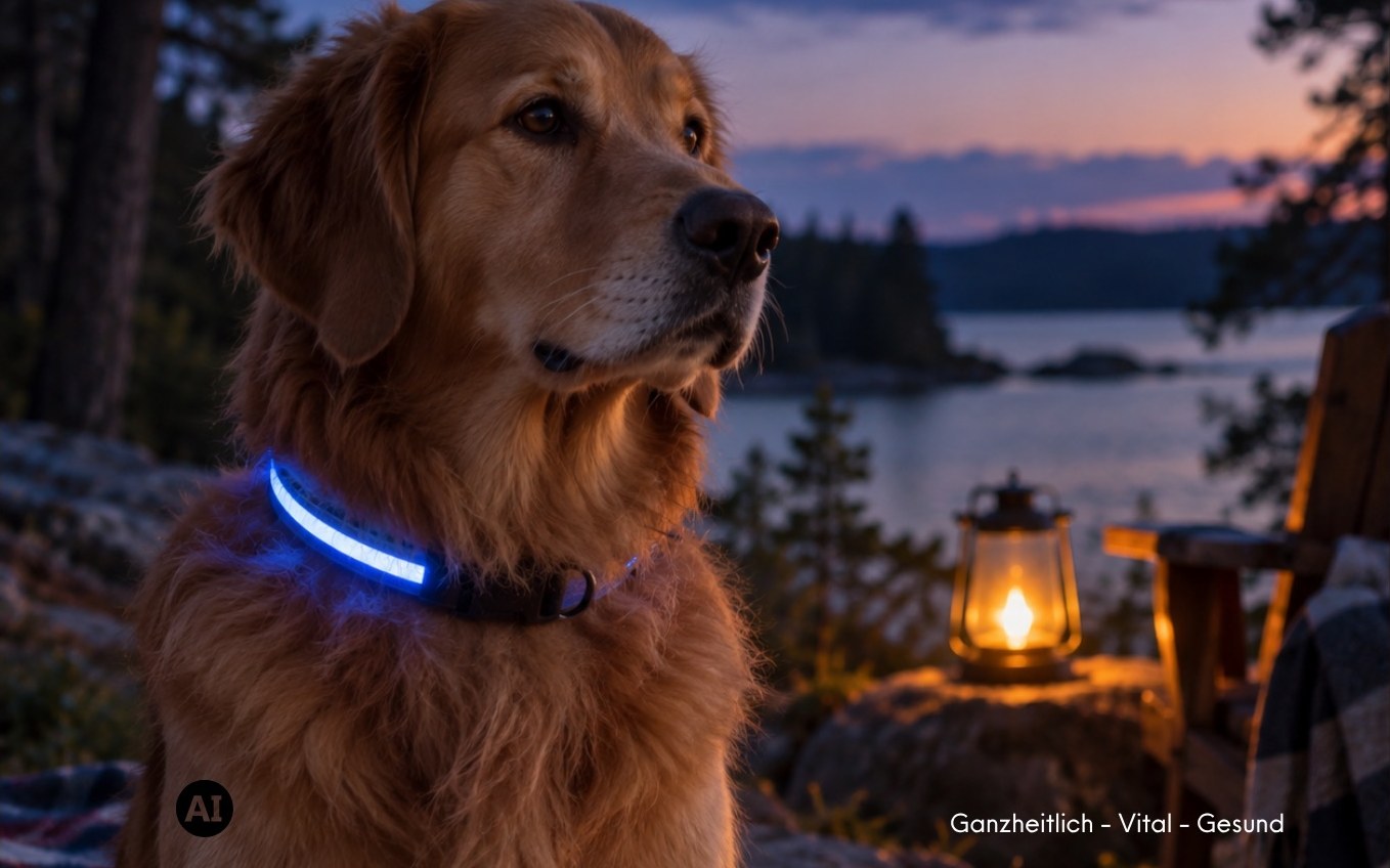 Ein Hund mit leuchtendem Halsband geht in der Abenddämmerung an der Leine über einen Weg, im Hintergrund brennt eine Straßenlaterne