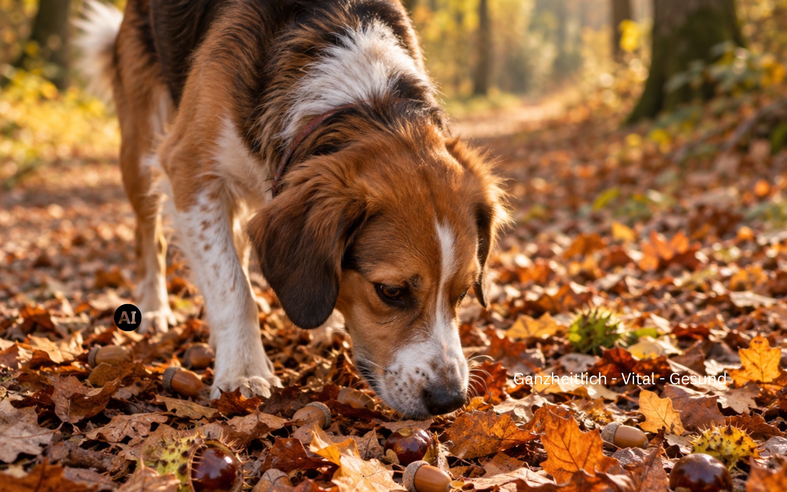 Hund schnuppert im bunten Herbstlaub, daneben liegen Eicheln und Kastanien am Boden