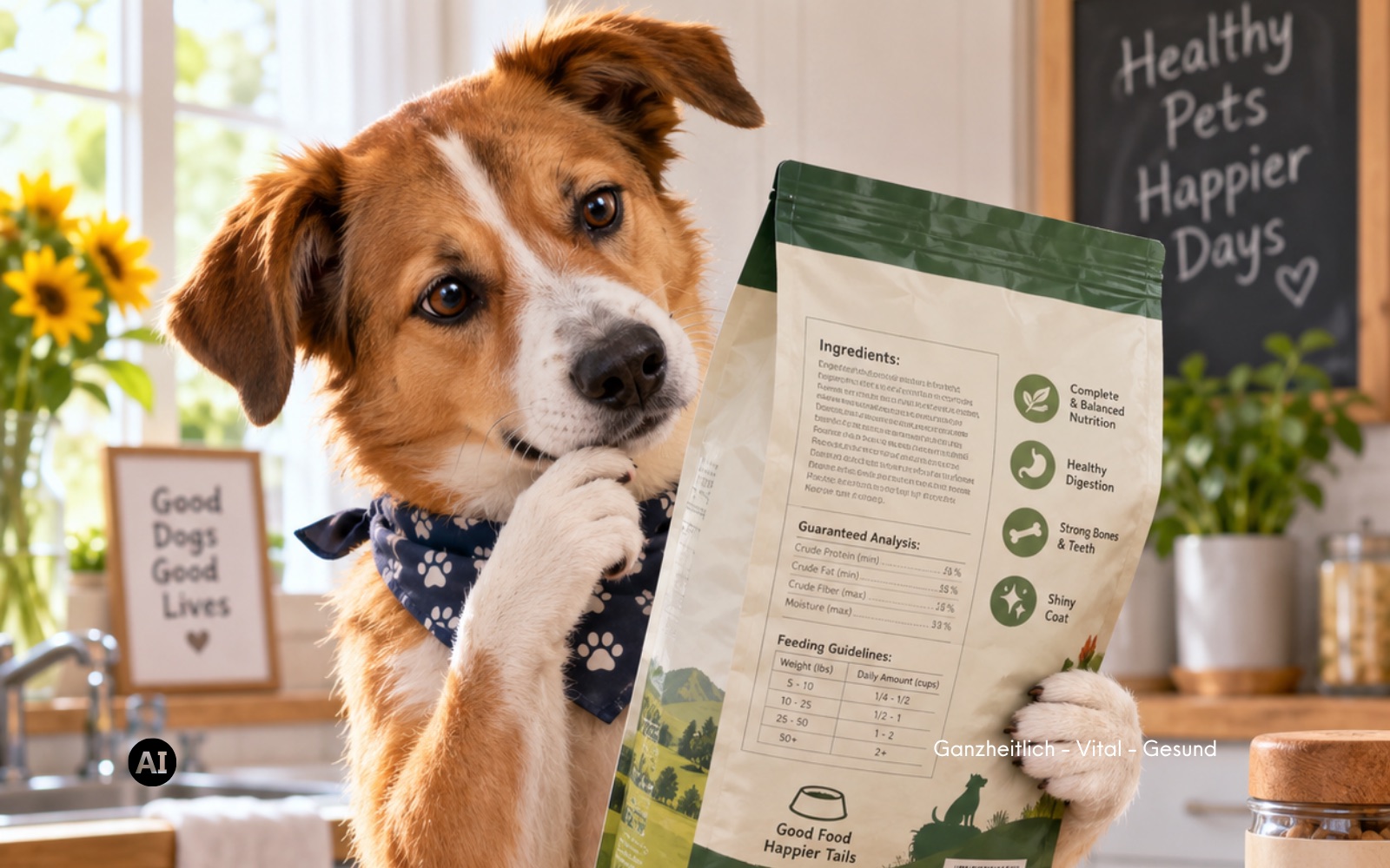 Eine Hand hält eine Packung Hundefutter und liest die Zutatenliste auf der Rückseite, im Hintergrund wartet ein Hund