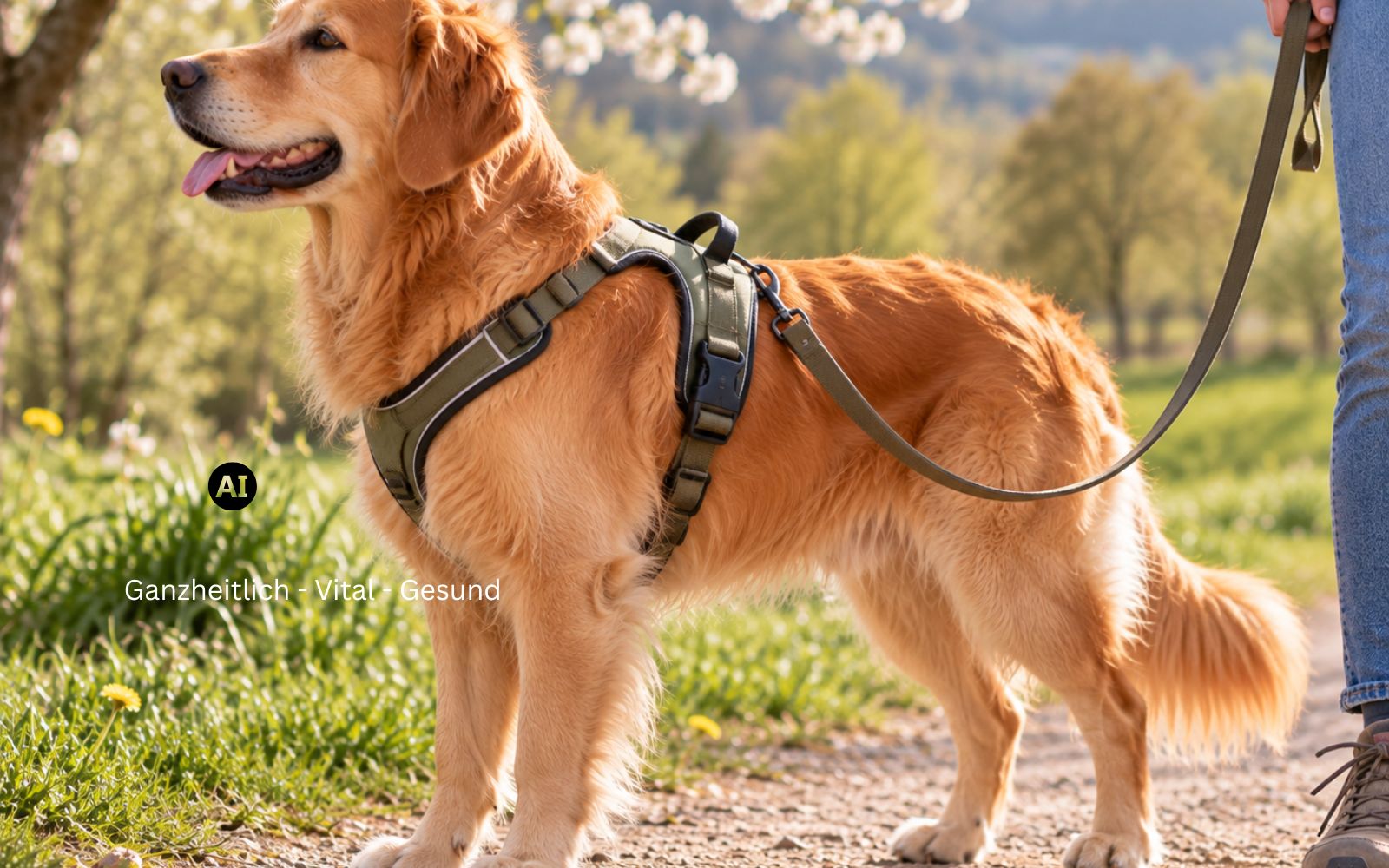 Hund im gut sitzenden Geschirr von der Seite, Leine locker