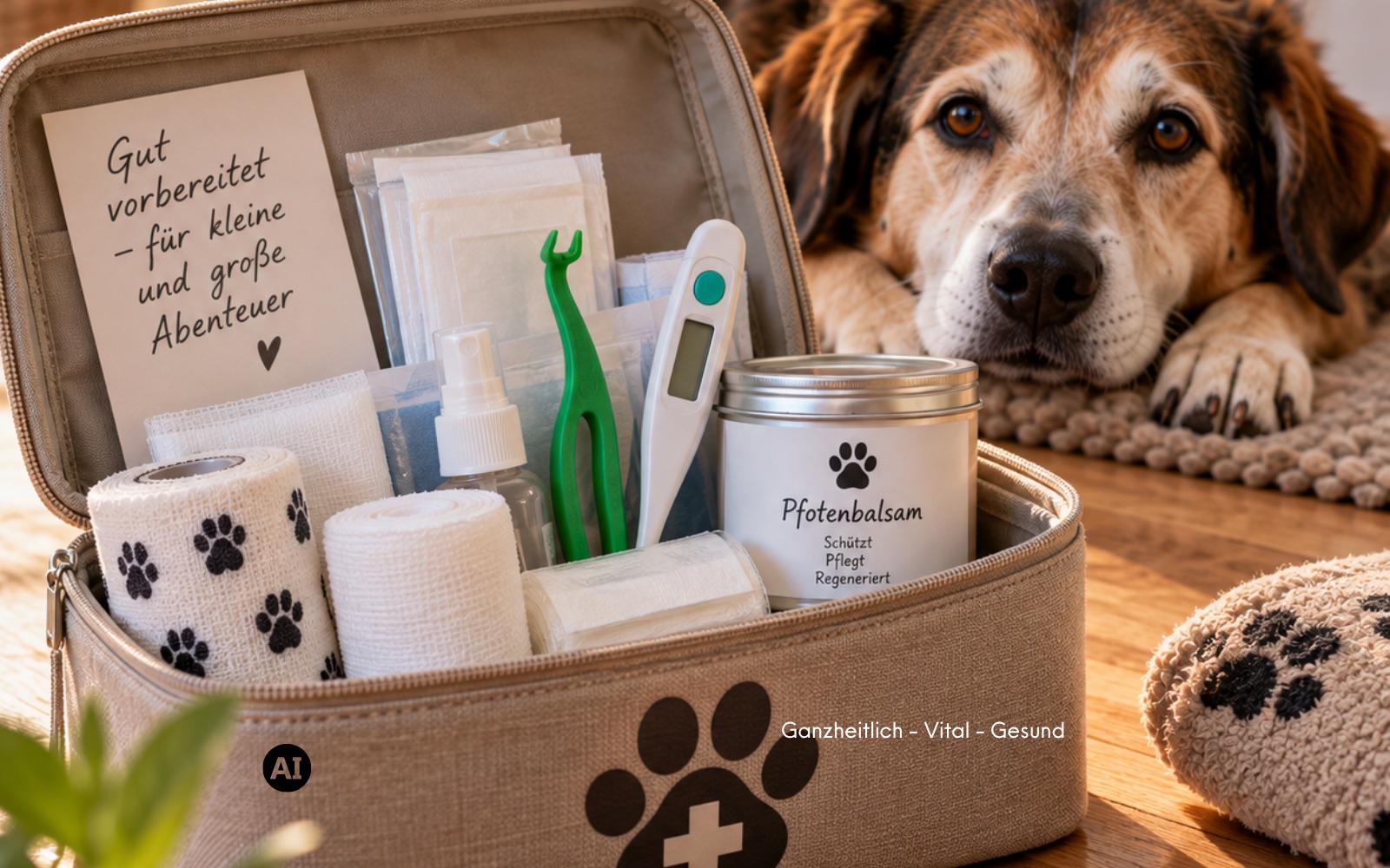 Eine geöffnete Hausapotheke-Box für den Hund mit Verbandmaterial, Zeckenzange, digitalem Fieberthermometer und einem Tiegel Pfotensalbe