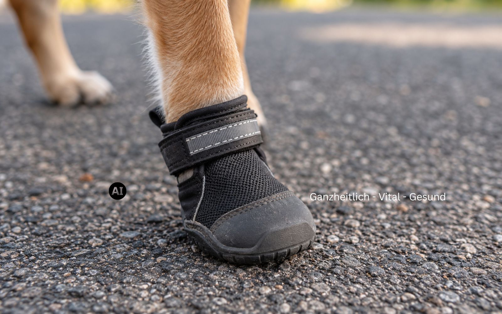 Nahaufnahme einer Hundepfote mit kleinem Schutzschuh auf Asphalt