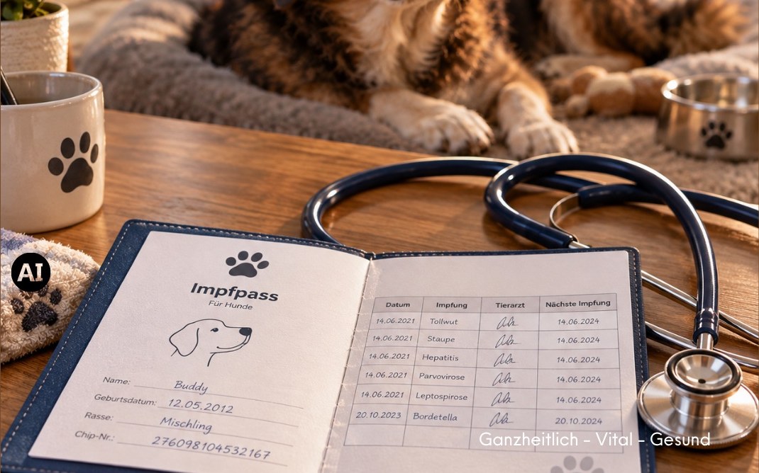 Impfpass und Stethoskop liegen auf einem Tisch, im Hintergrund liegt ein Hund