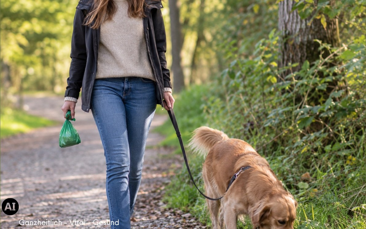 Frau mit Kotbeutel in der Hand auf dem Spaziergang, ihr Hund schnüffelt neben ihr im Gras