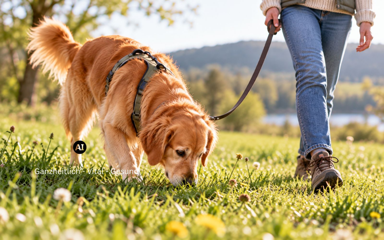 Hund schnuppert intensiv im Gras, Halterin geht ruhig daneben