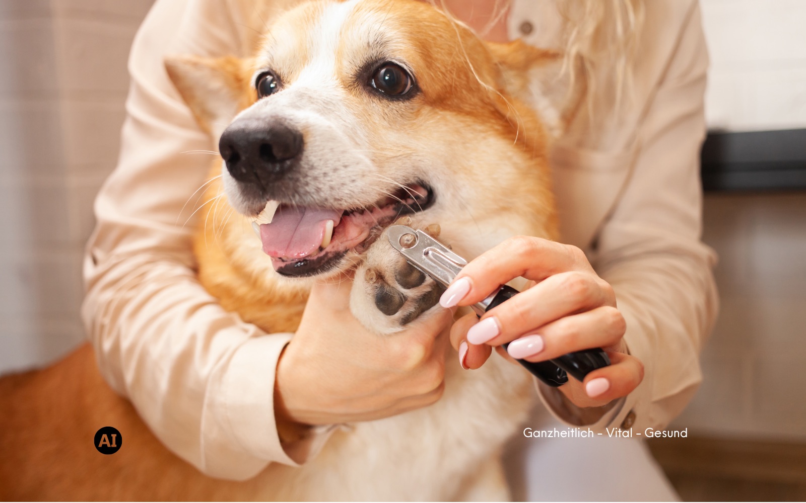 Eine Hand hält behutsam die Pfote eines Hundes, daneben liegt eine Krallenzange bereit – der Hund liegt entspannt da