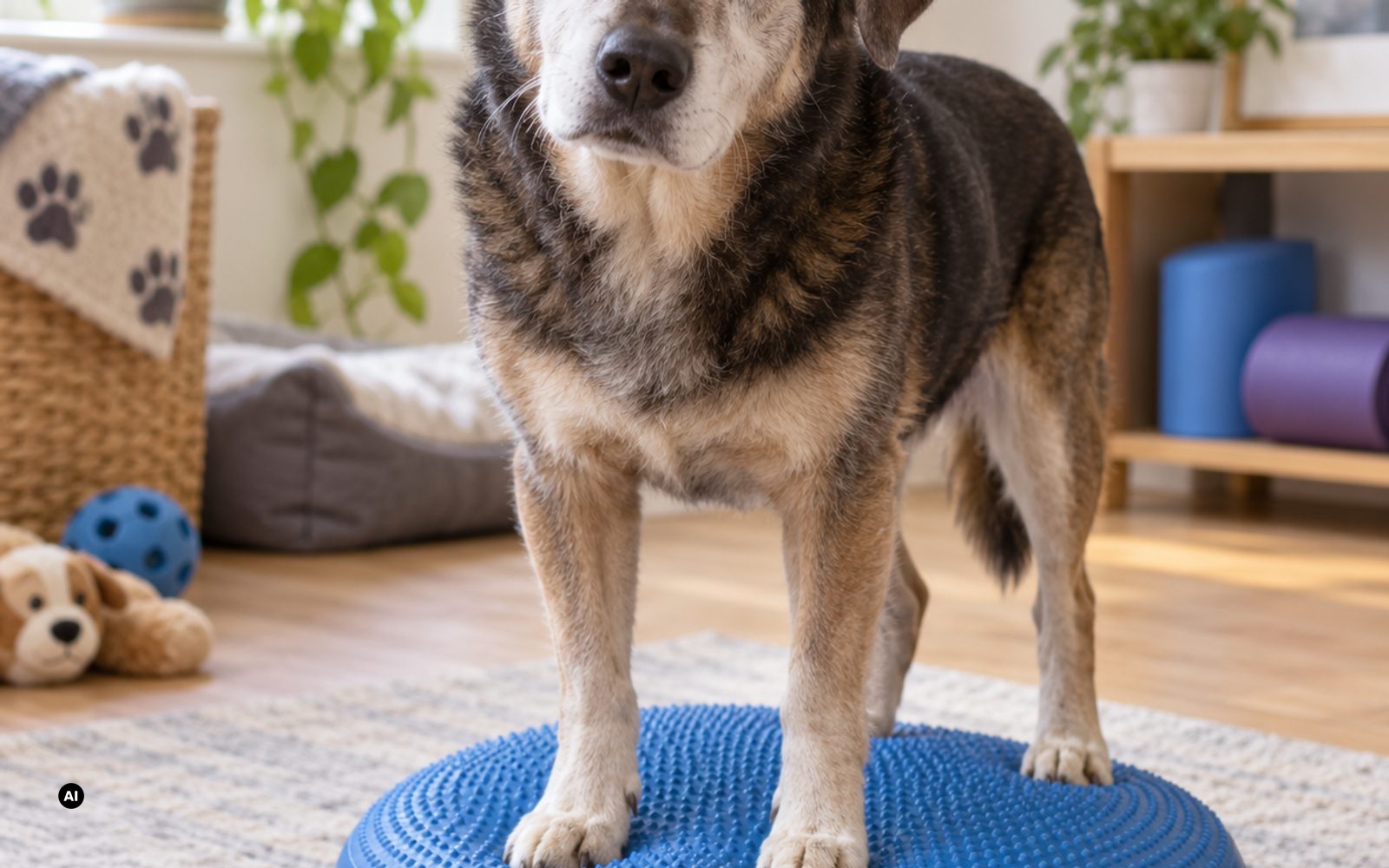 Ein älterer Hund mit grauer Schnauze steht aufmerksam auf einer Matte im Wohnzimmer, seine Halterin kniet neben ihm und hält ein Leckerli auf Nasenhöhe