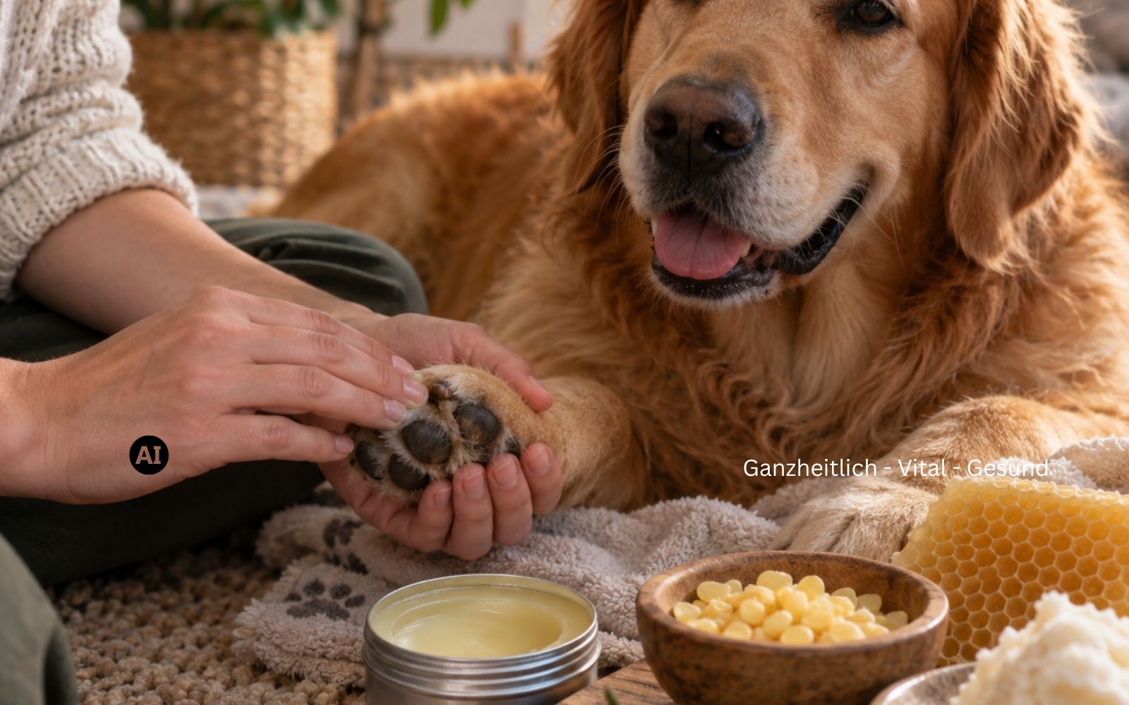 Frau hält die Pfote eines entspannt liegenden Golden Retrievers in der Hand, davor ein offener Tiegel Balsam, eine Schale Bienenwachs und eine Honigwabe