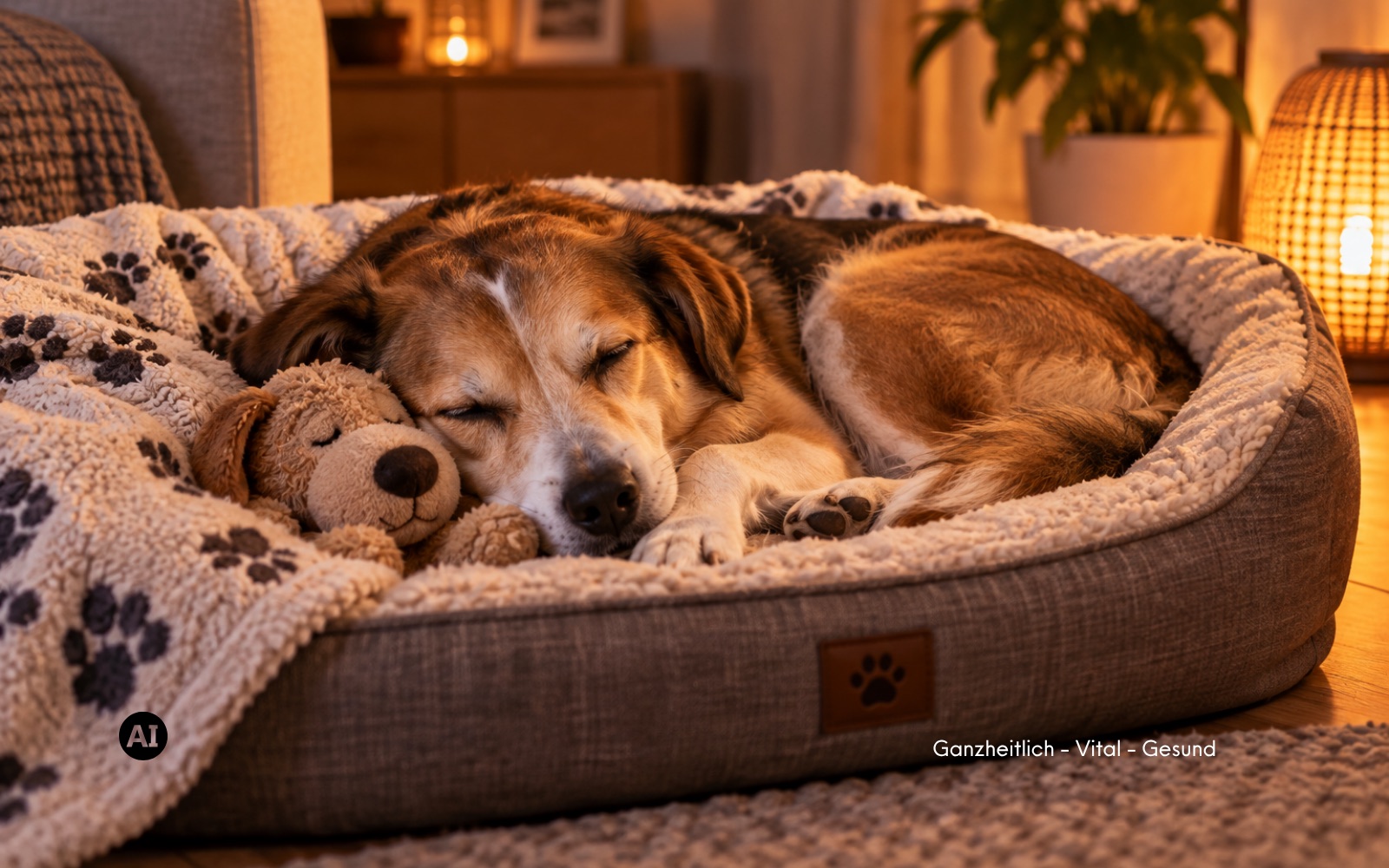 Ein Hund liegt entspannt eingerollt auf seiner Decke in einer ruhigen Zimmerecke, die Augen geschlossen, das Licht weich und warm