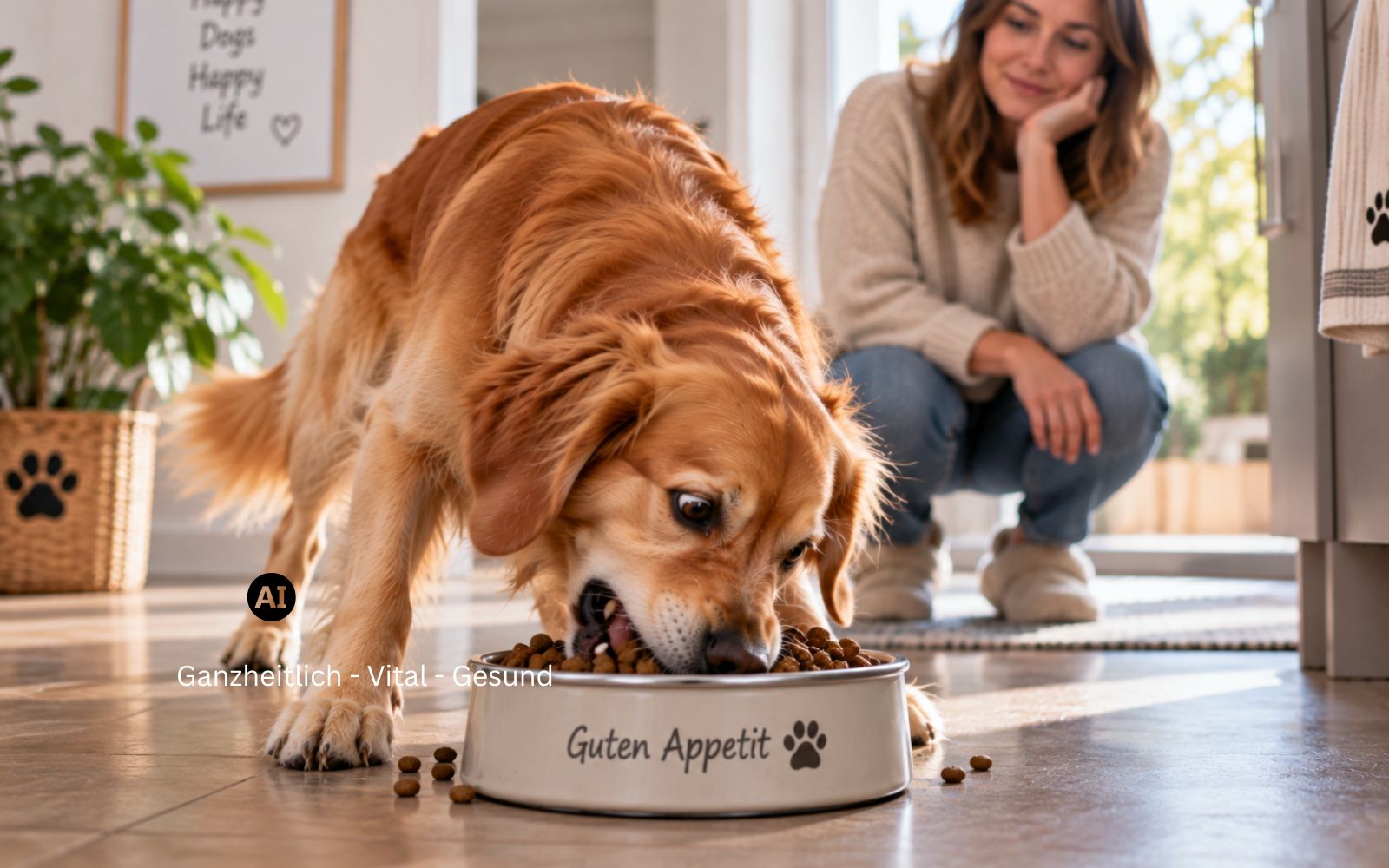Hund frisst hastig aus seinem Napf, im Hintergrund schaut seine Halterin ruhig zu