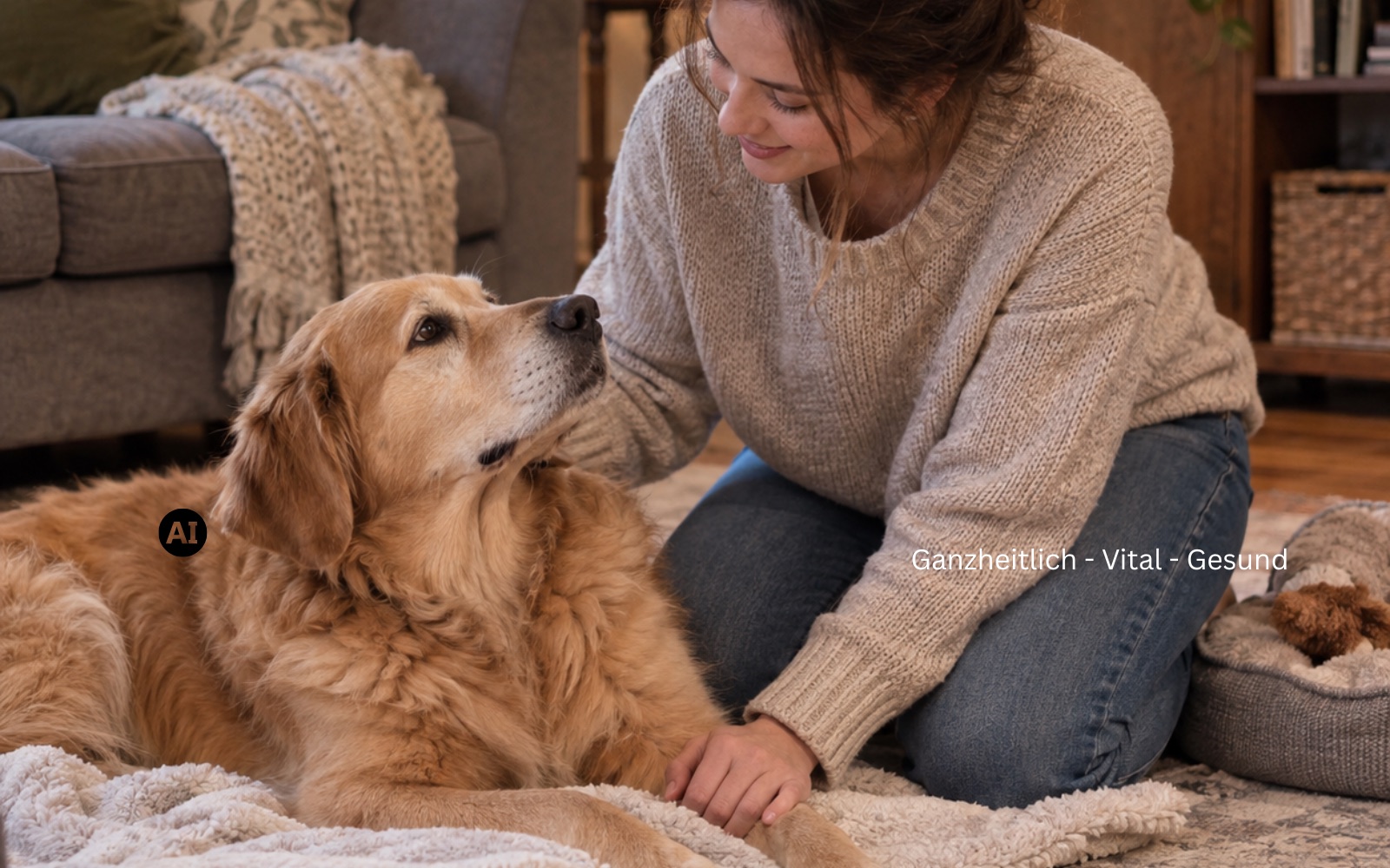 Hund liegt auf dem Boden, eine Frau kniet daneben und schaut ihn aufmerksam an