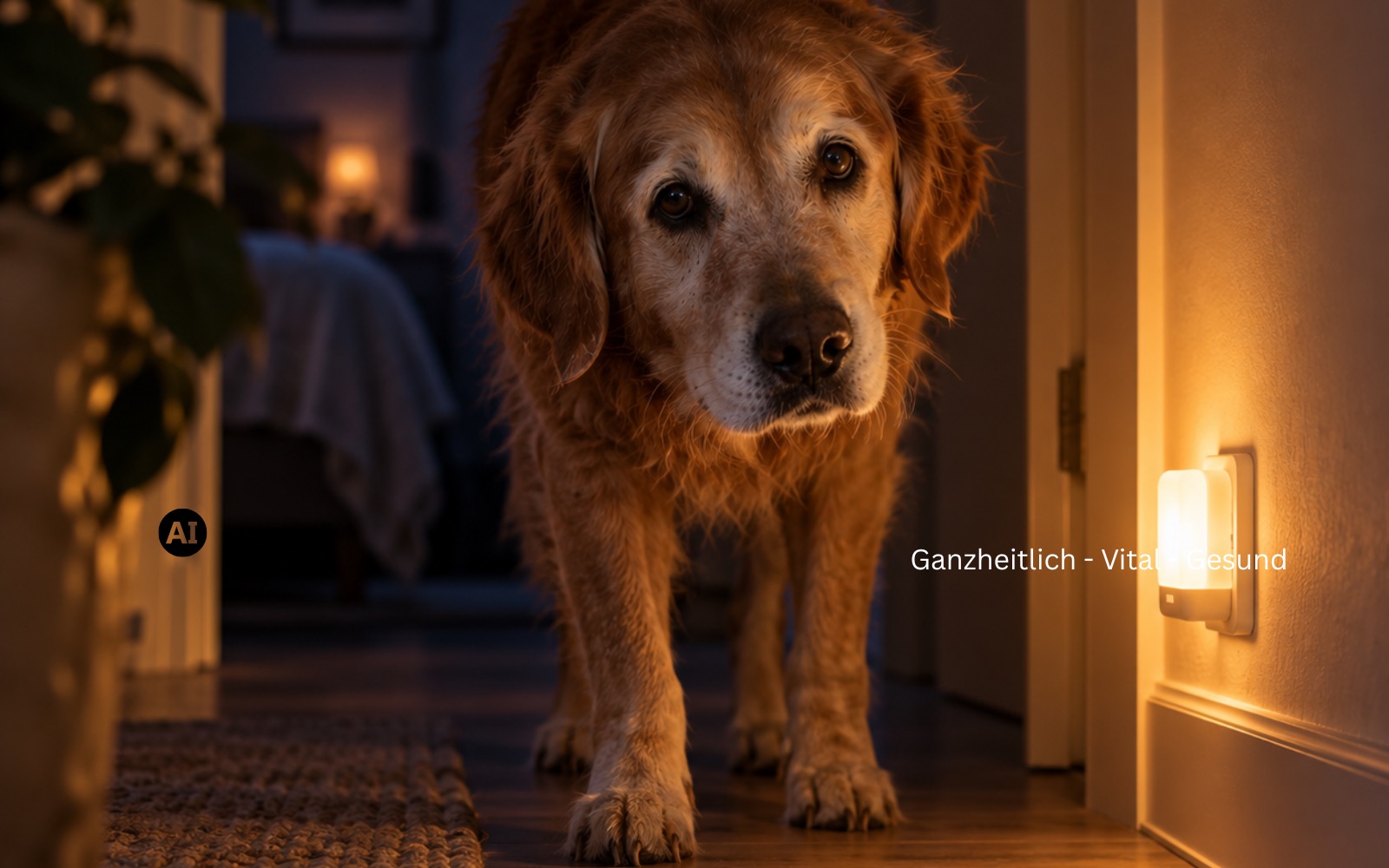 Älterer Hund steht nachts im dunklen Flur, weiches Nachtlicht