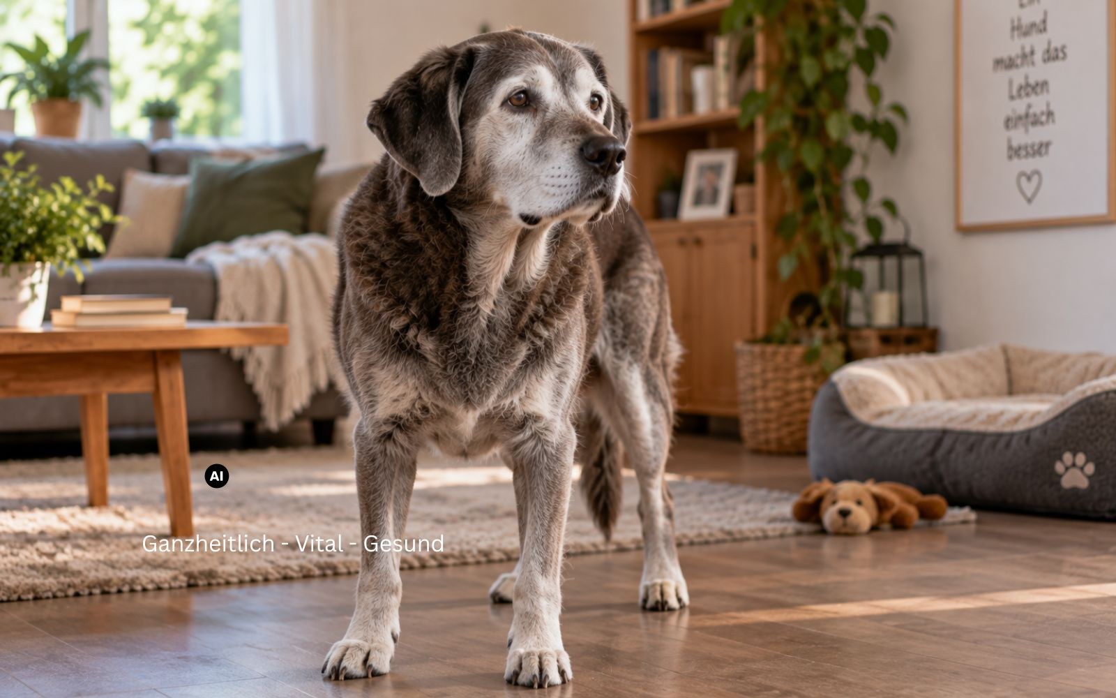 Älterer Hund mit grauer Schnauze steht mitten im Wohnzimmer und schaut ins Leere