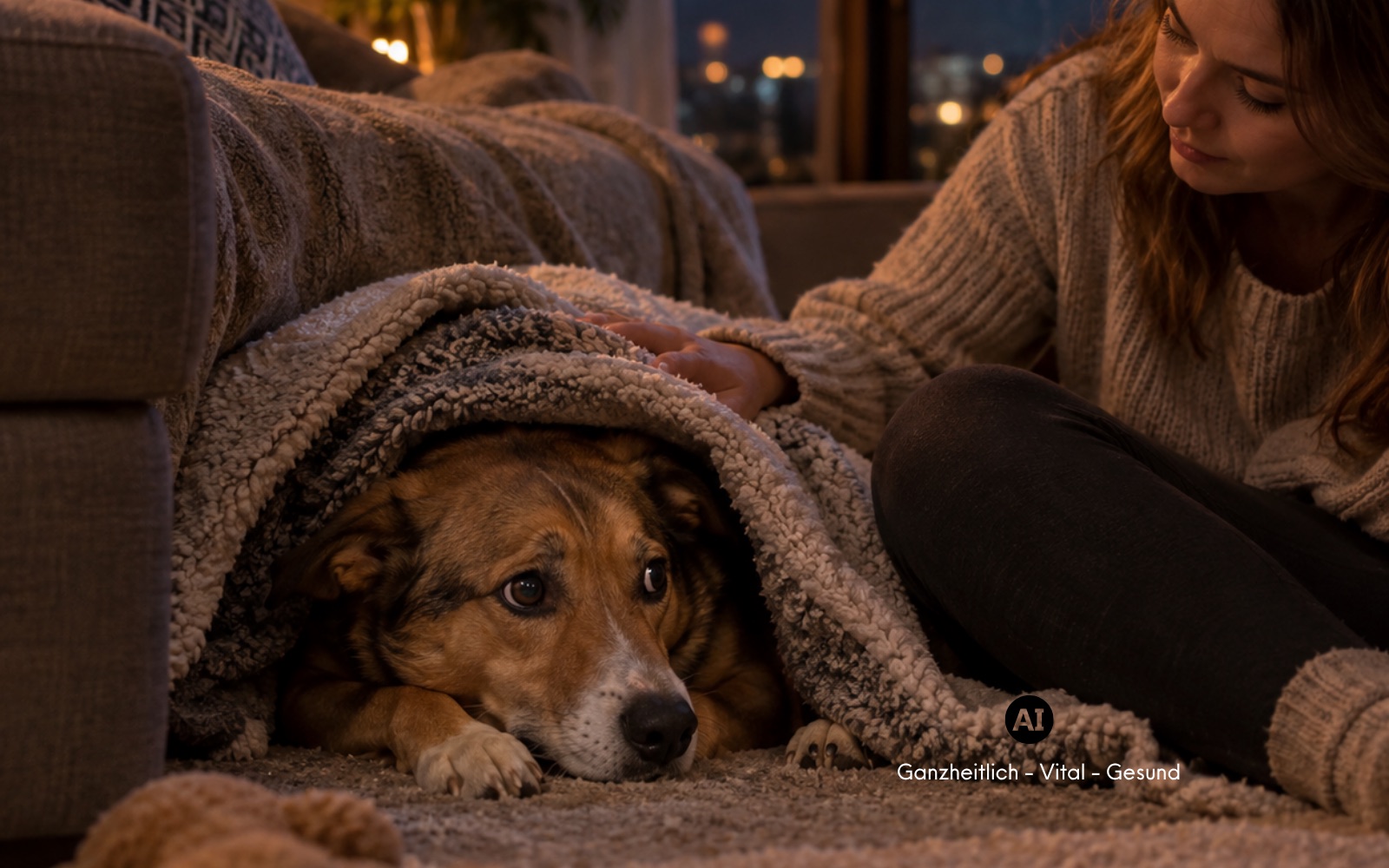 Hund liegt entspannt in einer Höhle aus Decken, eine Frau sitzt ruhig daneben und hat eine Hand auf seinem Rücken