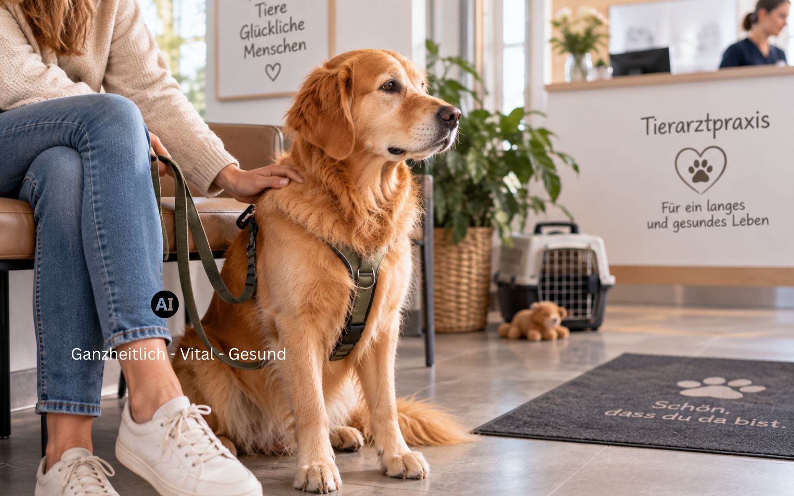Hund sitzt ruhig im Wartezimmer, eine Hand liegt auf seinem Rücken