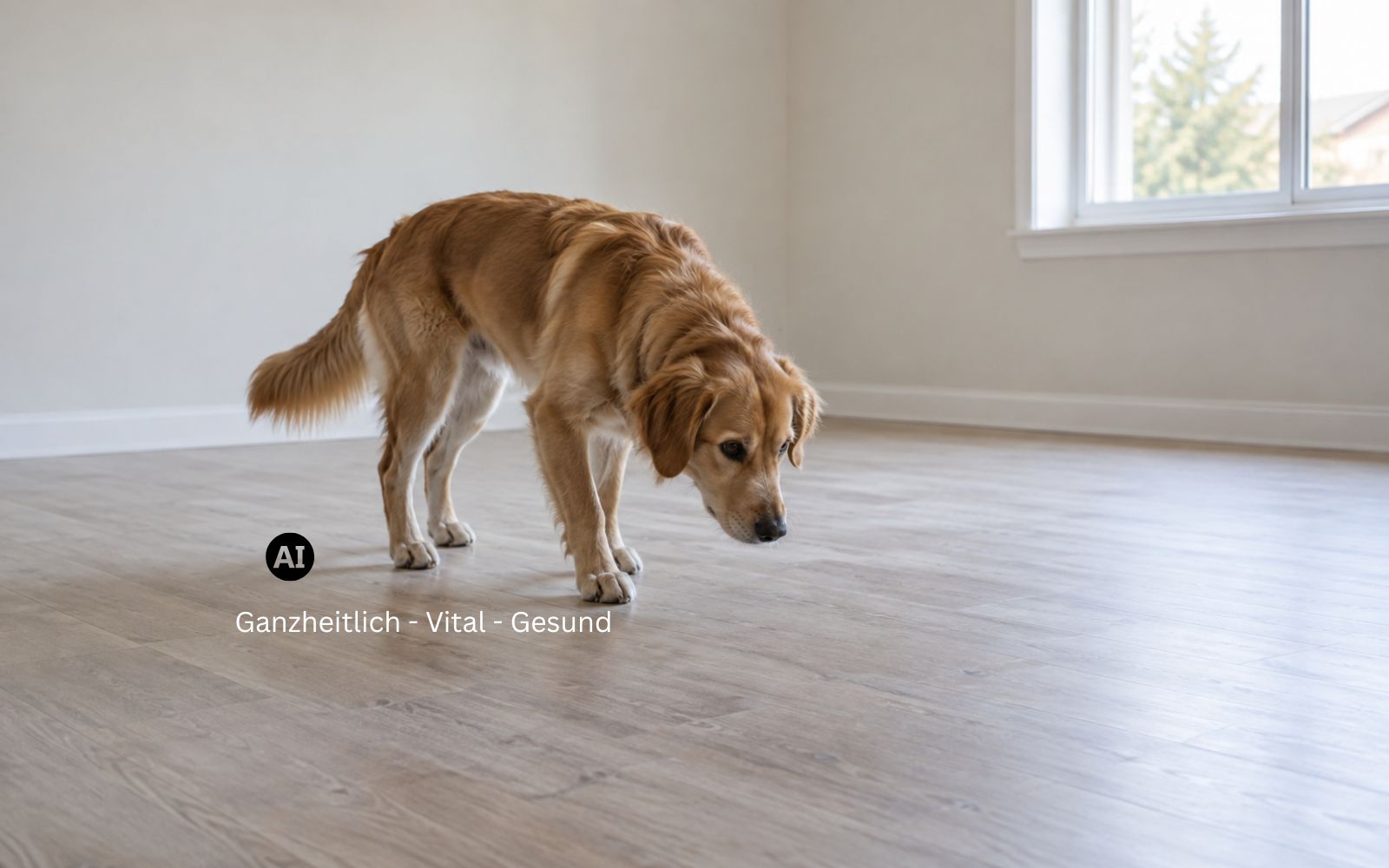 Hund schnuppert vorsichtig über den Holzboden eines leeren, noch unmöblierten Zimmers, im Hintergrund stehen ein paar Umzugskartons