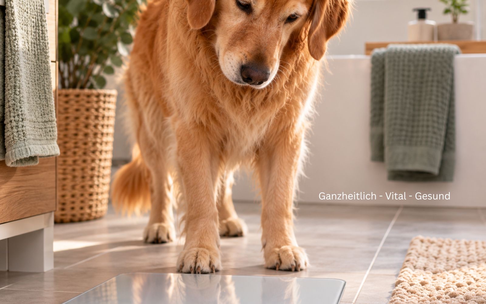 Personenwaage im Bad, Hund steht abwartend davor