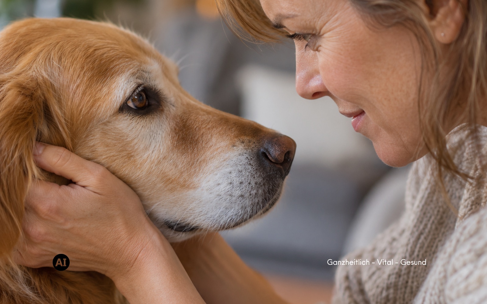 Eine Frau kniet im weichen Tageslicht vor ihrem Hund und schaut ihm ruhig und aufmerksam ins Gesicht
