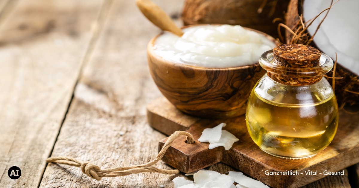 Kokosöl und Kokosbutter mit einem Fläschchen natürlichem Öl auf Holz